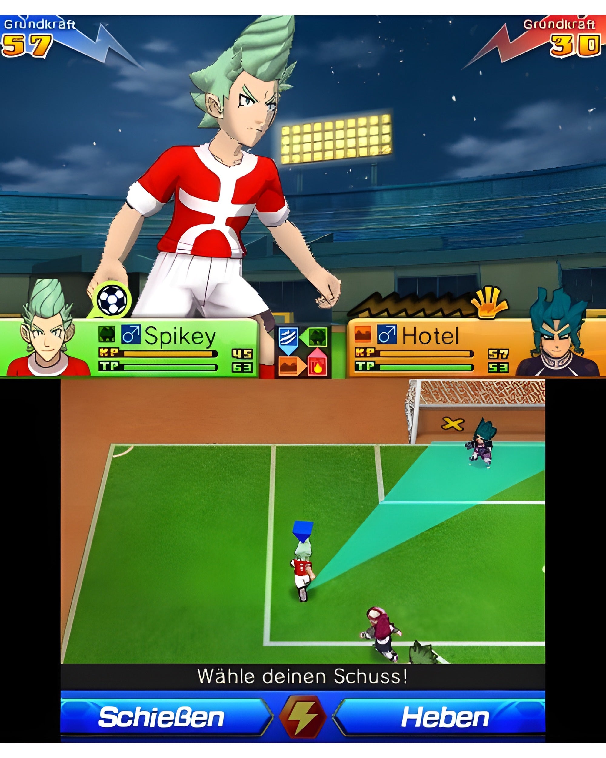 Eine Spielszene aus Inazuma Eleven Go: Chrono Stones Donnerknall für Nintendo 3DS zeigt Spikey vor dem Tor.