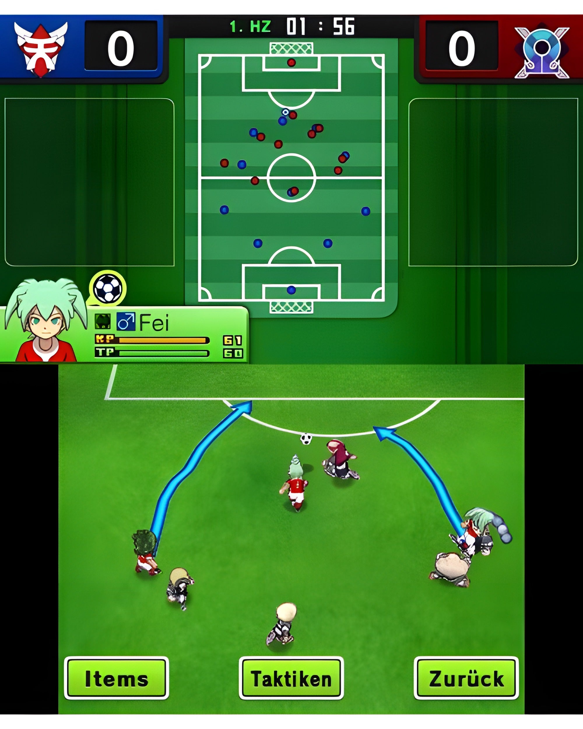 Die Taktikübersicht in Inazuma Eleven Go: Chrono Stones Donnerknall für Nintendo 3DS zeigt Spieler auf dem Feld.