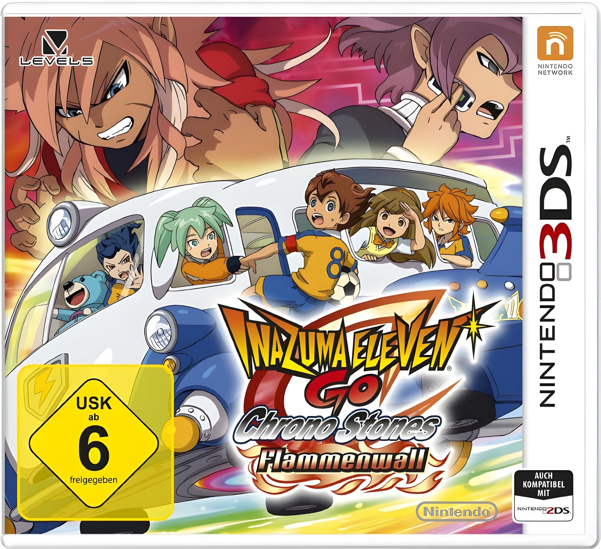 Das Cover von Inazuma Eleven Go: Chrono Stones Flammenwall für Nintendo 3DS zeigt Charaktere in einem Bus, USK ab 6.