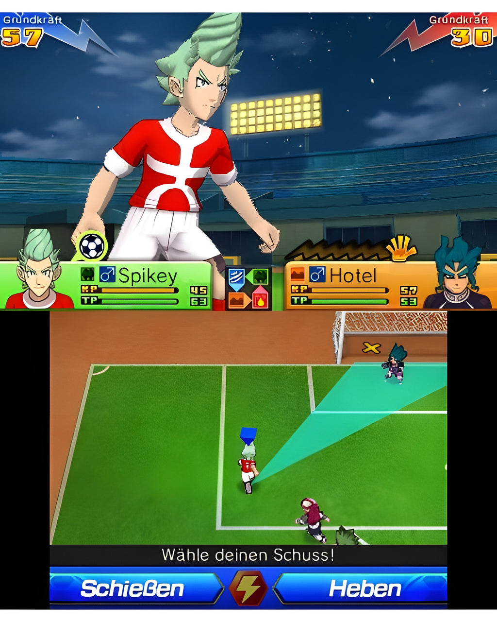 In Inazuma Eleven Go: Chrono Stones Flammenwall für Nintendo 3DS bereitet sich Spieler Spikey auf einen Schuss vor.