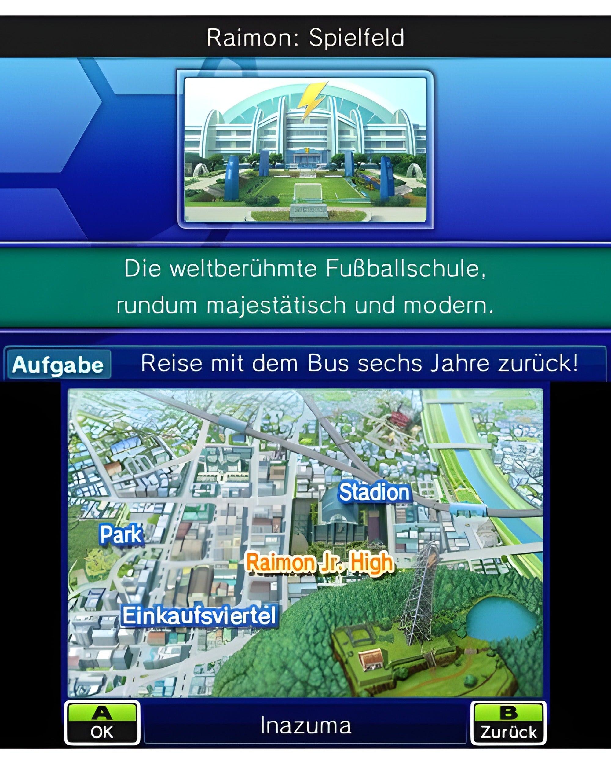 Eine Karte der Stadt Inazuma mit Orten wie Park und Stadion in Inazuma Eleven Go: Chrono Stones Flammenwall für Nintendo 3DS.