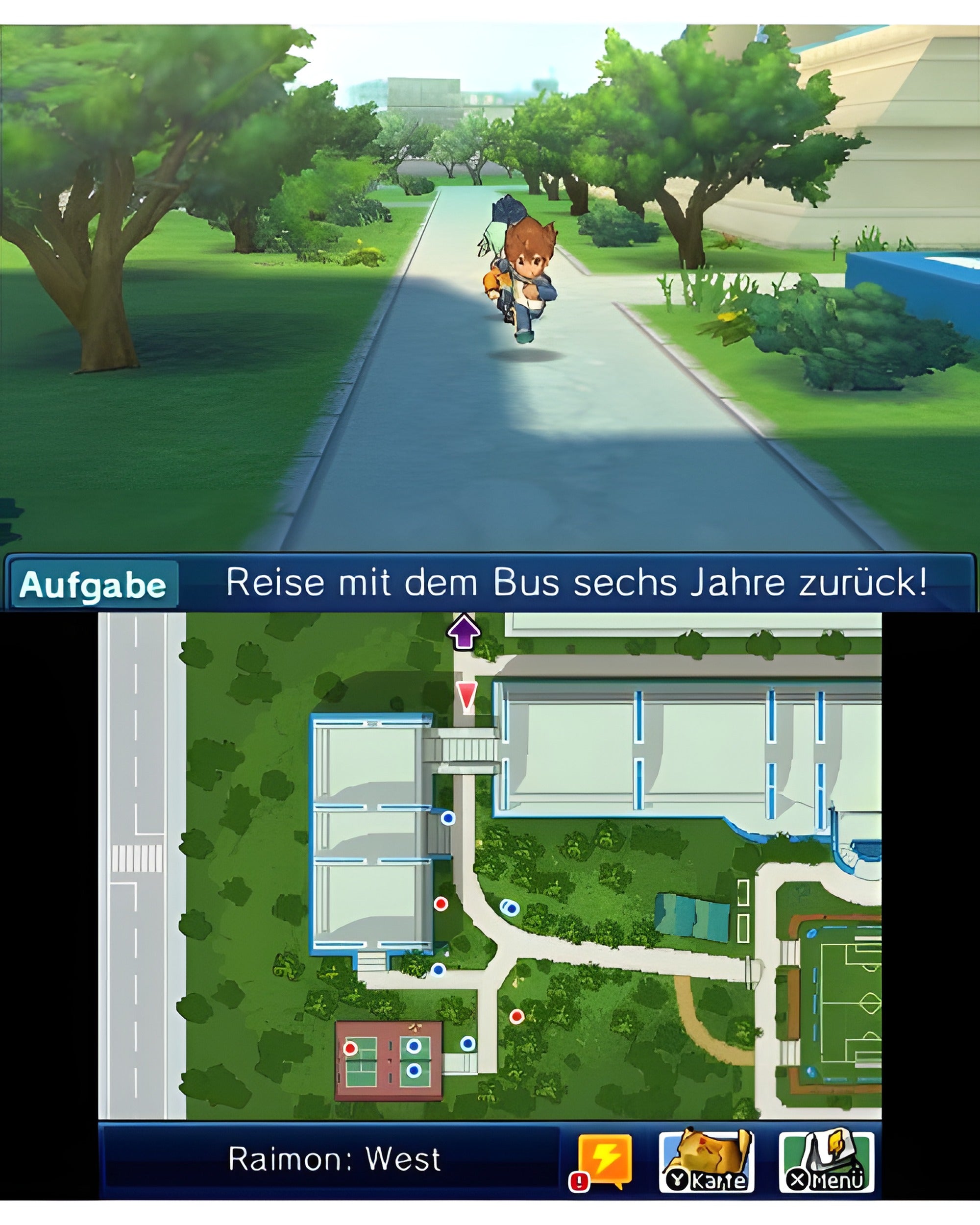 In Inazuma Eleven Go: Chrono Stones Flammenwall für Nintendo 3DS läuft ein Charakter durch eine Stadt.