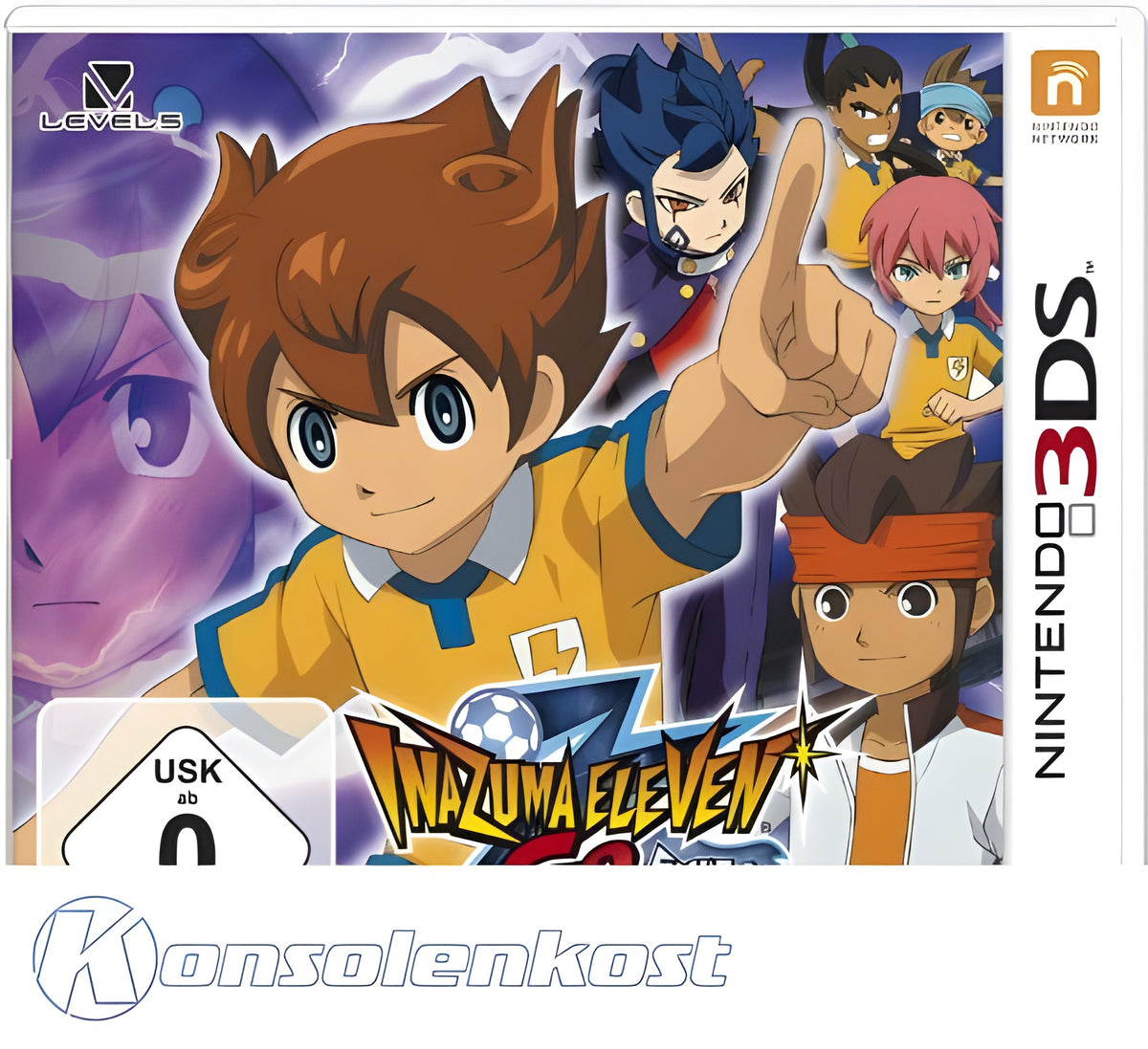 Inazuma Eleven Go: Schatten für Nintendo 3DS zeigt das Cover mit vielen Anime-Figuren und dem USK-Siegel ab 0.