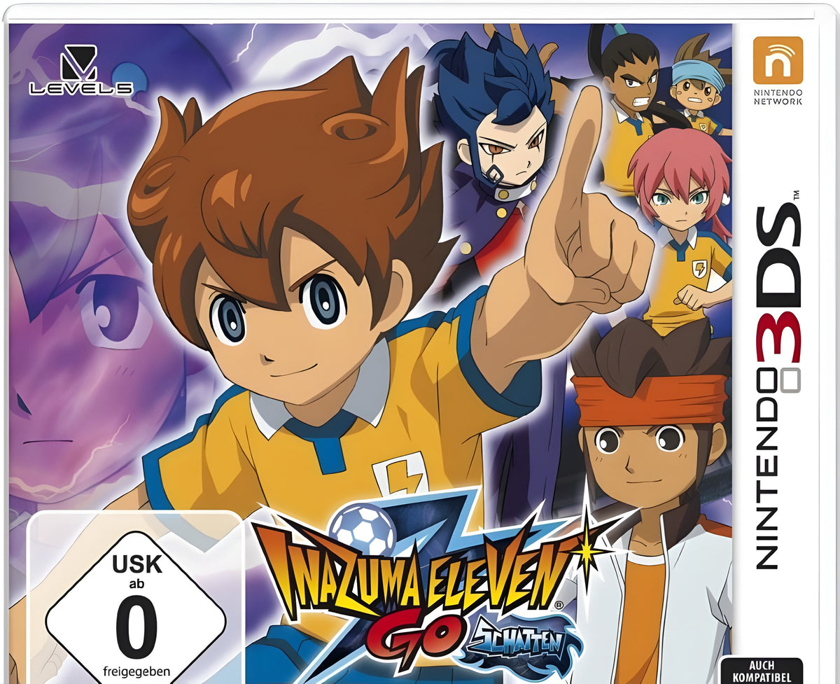Auf dem Packshot von Inazuma Eleven Go: Schatten sind die Hauptfiguren und das USK-Siegel ab 0 Jahren zu sehen.