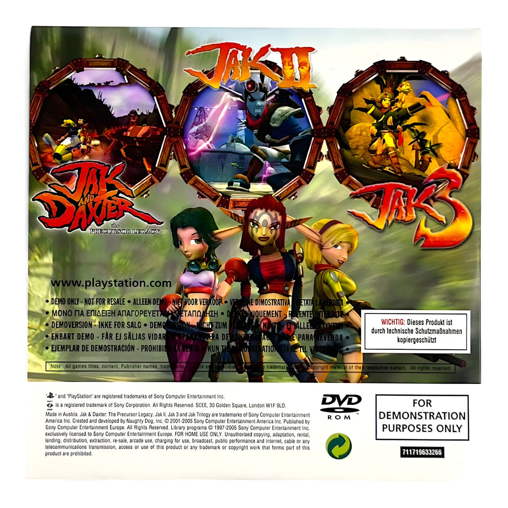 Die Rückseite von Jak and Daxter: Trilogie zeigt drei Spielszenen und den Hinweis auf eine Demoversion.