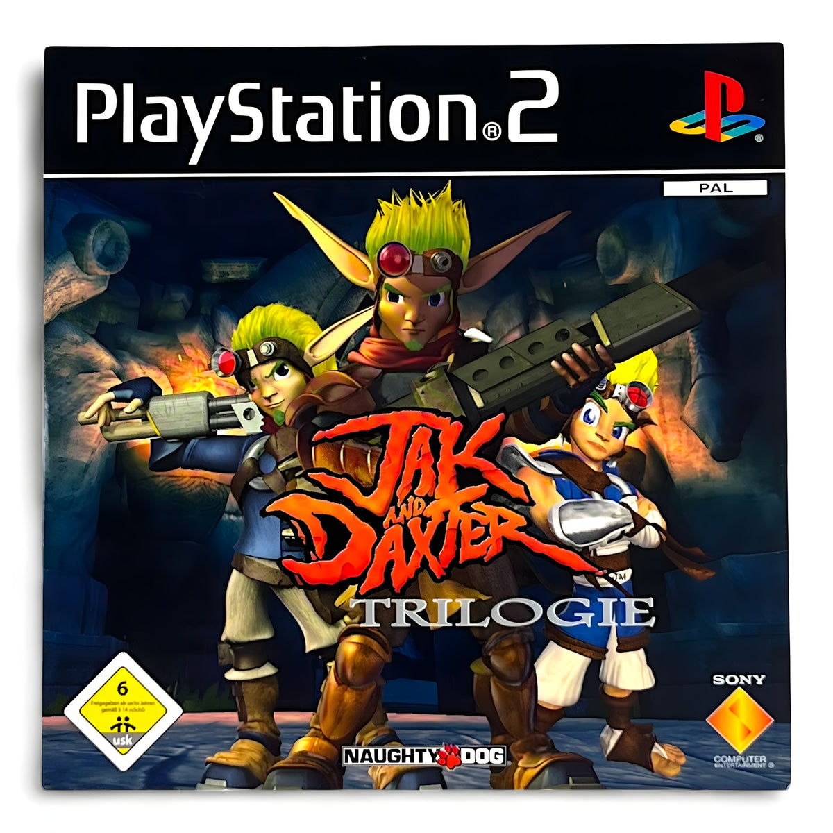 Das Cover von Jak and Daxter: Trilogie für PS2 zeigt die drei Hauptfiguren der Spielereihe und das USK-Siegel ab 6.