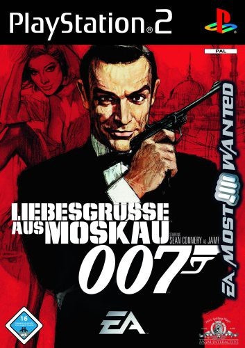 Das Cover von James Bond 007 - Liebesgrüße aus Moskau für PS2 zeigt Sean Connery mit Waffe und USK ab 16.