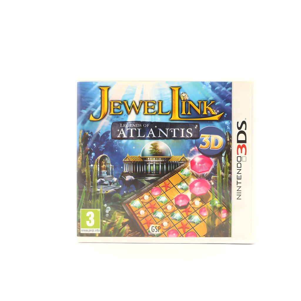 Das Cover von Jewel Link: Legends of Atlantis 3D für Nintendo 3DS zeigt Unterwasserruinen und ein PEGI 3 Siegel.