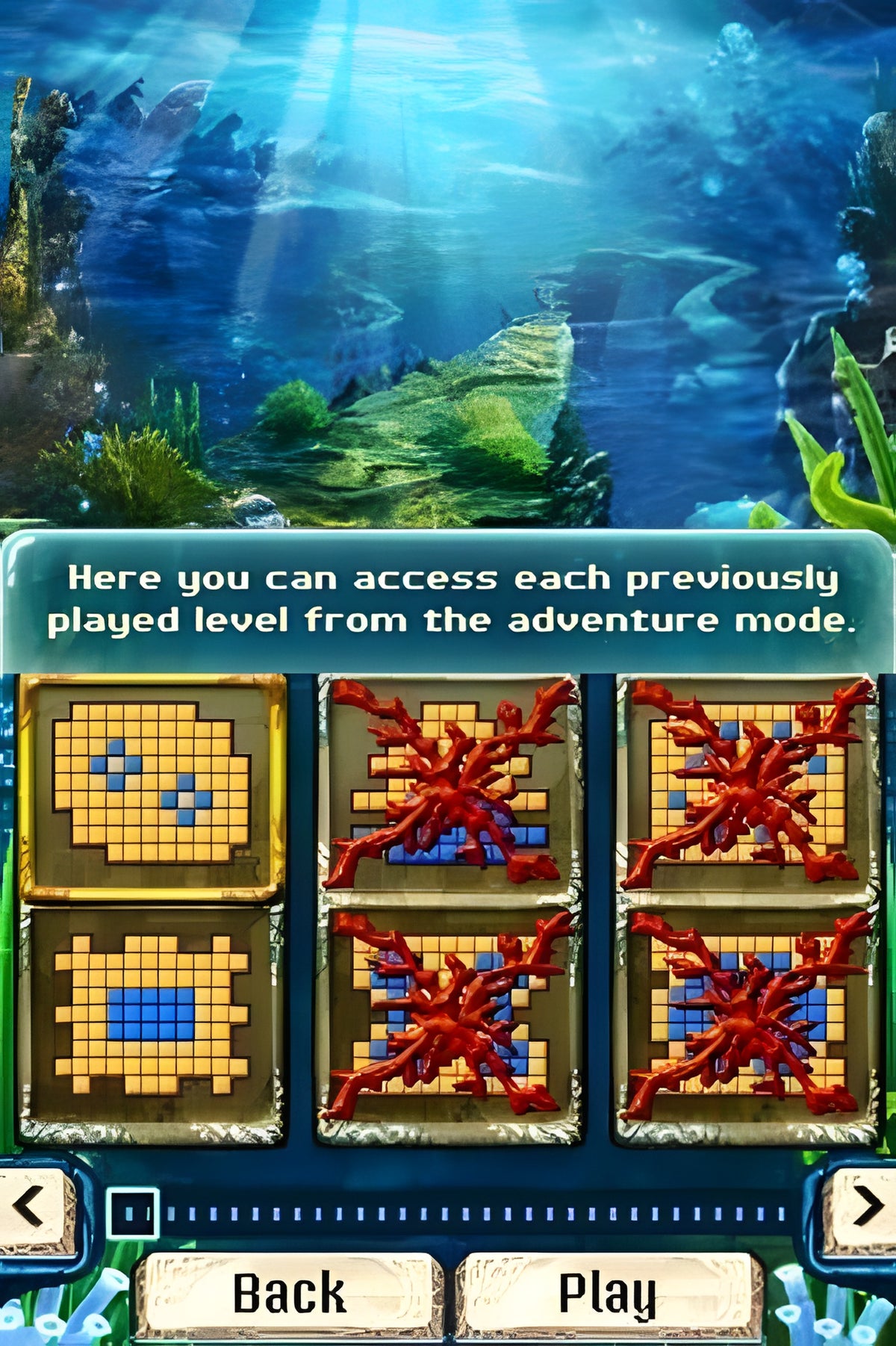 Die Levelauswahl in Jewel Link: Legends of Atlantis 3D zeigt sechs Kacheln mit Spielfeldern.