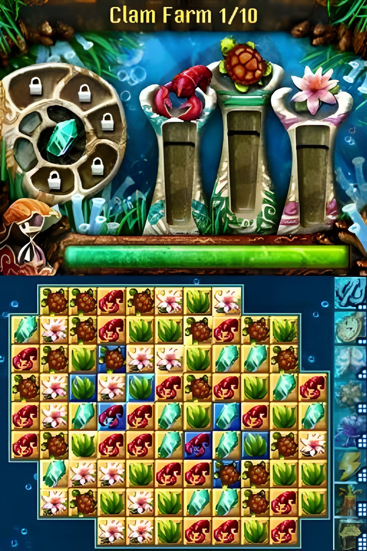 Eine Spielszene aus Jewel Link: Legends of Atlantis 3D zeigt Hummer und Schildkröten auf dem Spielfeld.