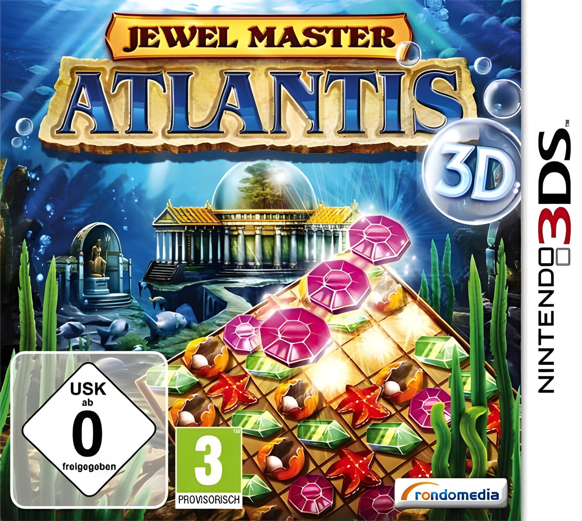 Das Cover von Jewel Master: Atlantis 3D zeigt eine Unterwasserstadt mit Edelsteinen und dem USK-Siegel ab 0.