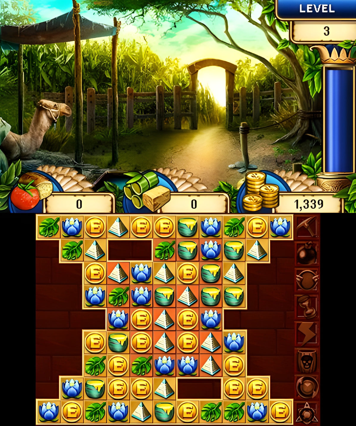 Eine Match-3-Spielszene aus Jewel Master - Cradle of Egypt 2 3D mit Kamel und Dschungelpfad.