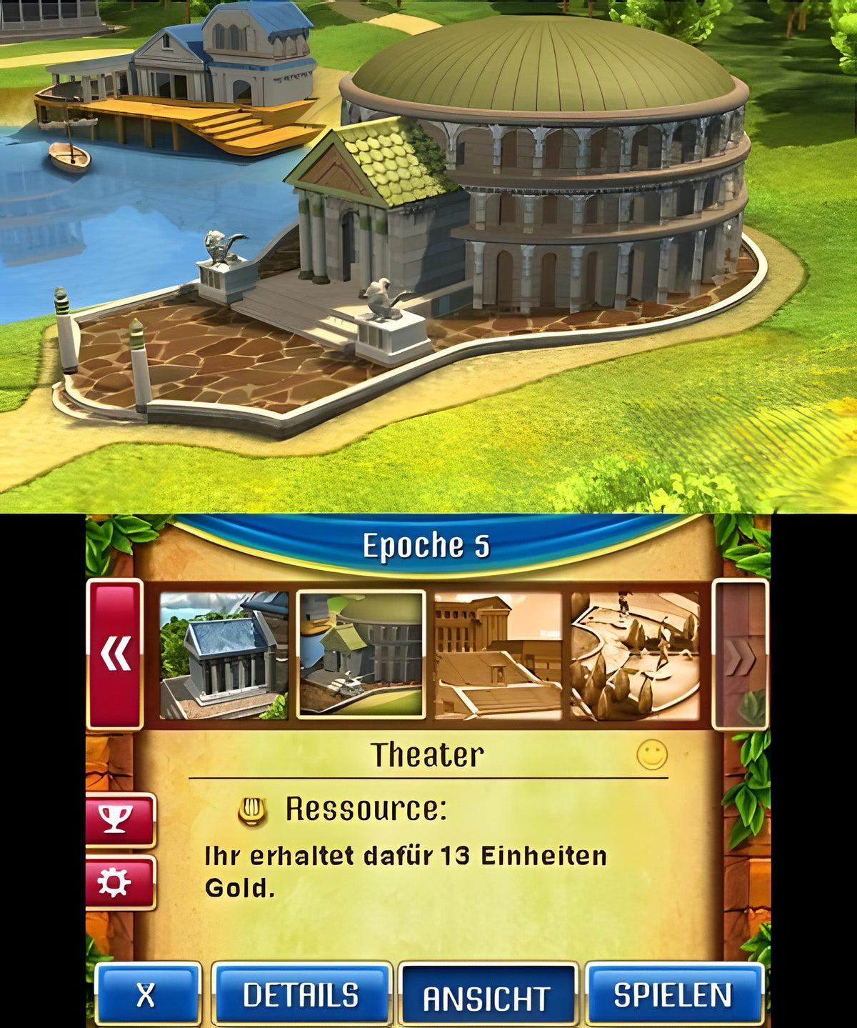 Eine Stadtansicht mit einem Theater und einem Menü für das Theater in Jewel Master: Cradle of Rome 2.