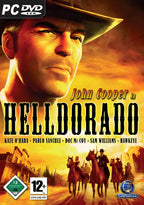 Das Cover von John Cooper in Helldorado für PC zeigt einen Cowboy mit Hut und eine Reitergruppe, USK ab 12.