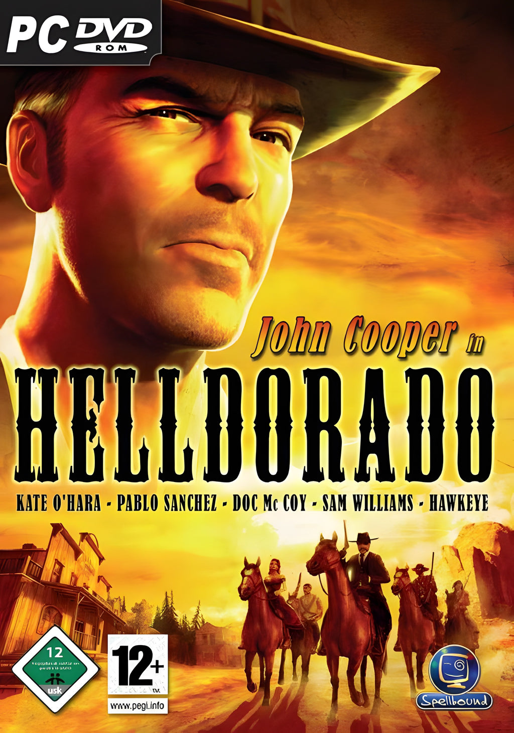 Das Cover von John Cooper in Helldorado für PC zeigt einen Cowboy mit Hut und eine Reitergruppe, USK ab 12.