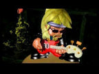 Ein Charakter mit blonden Haaren, Sonnenbrille und roter E-Gitarre posiert vor einem dunklen Hintergrund.