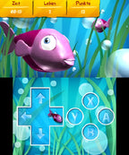 Eine Spielszene aus Junior Games 3D zeigt einen rosa Fisch unter Wasser mit Steuerungselementen.