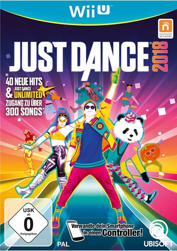 Das Cover von Just Dance 2018 für Wii U zeigt mehrere tanzende Figuren in bunten Outfits.