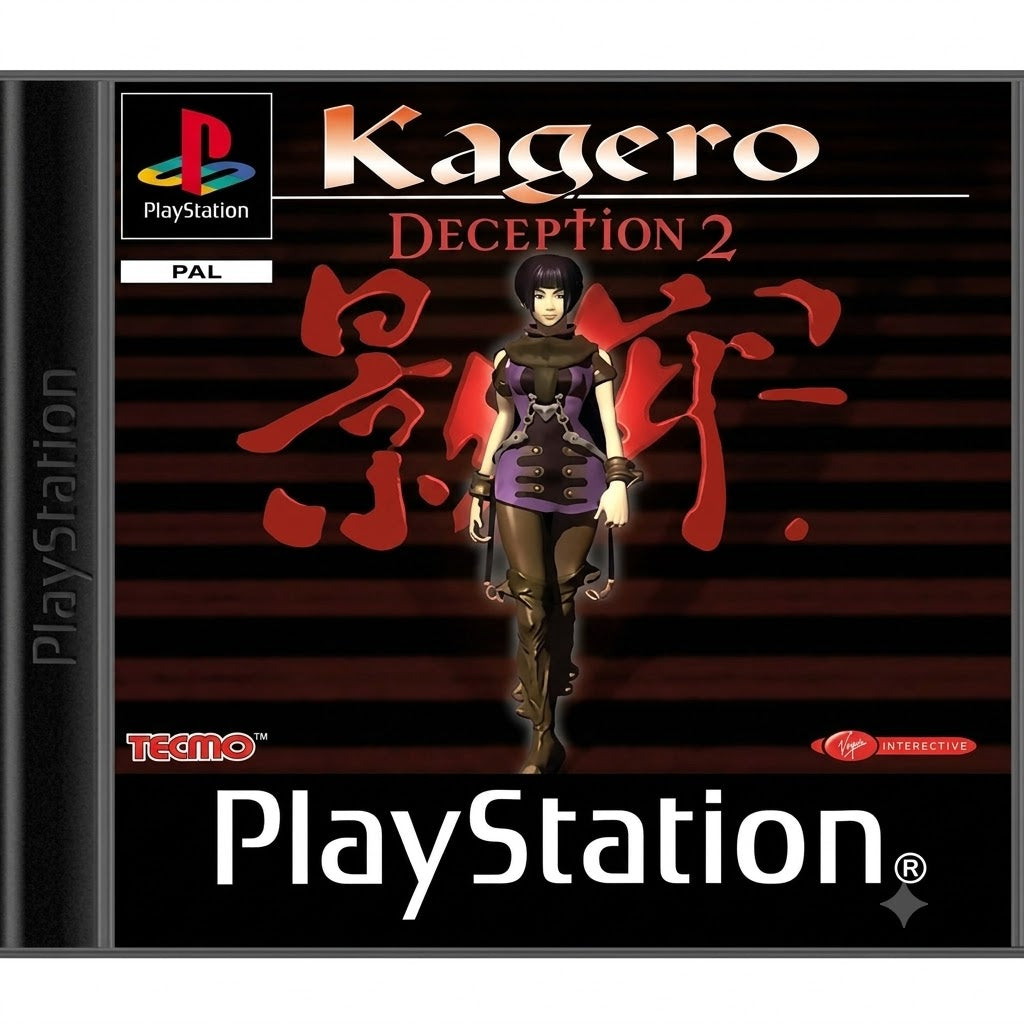 Das Cover von Kagero: Deception 2 für PS1 zeigt eine dunkelhaarige Frau in einem lilafarbenen Outfit.