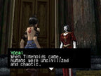 Zwei Frauen unterhalten sich, eine davon mit einem roten Symbol auf dem Rücken, während ein Dialogfenster zu sehen ist.