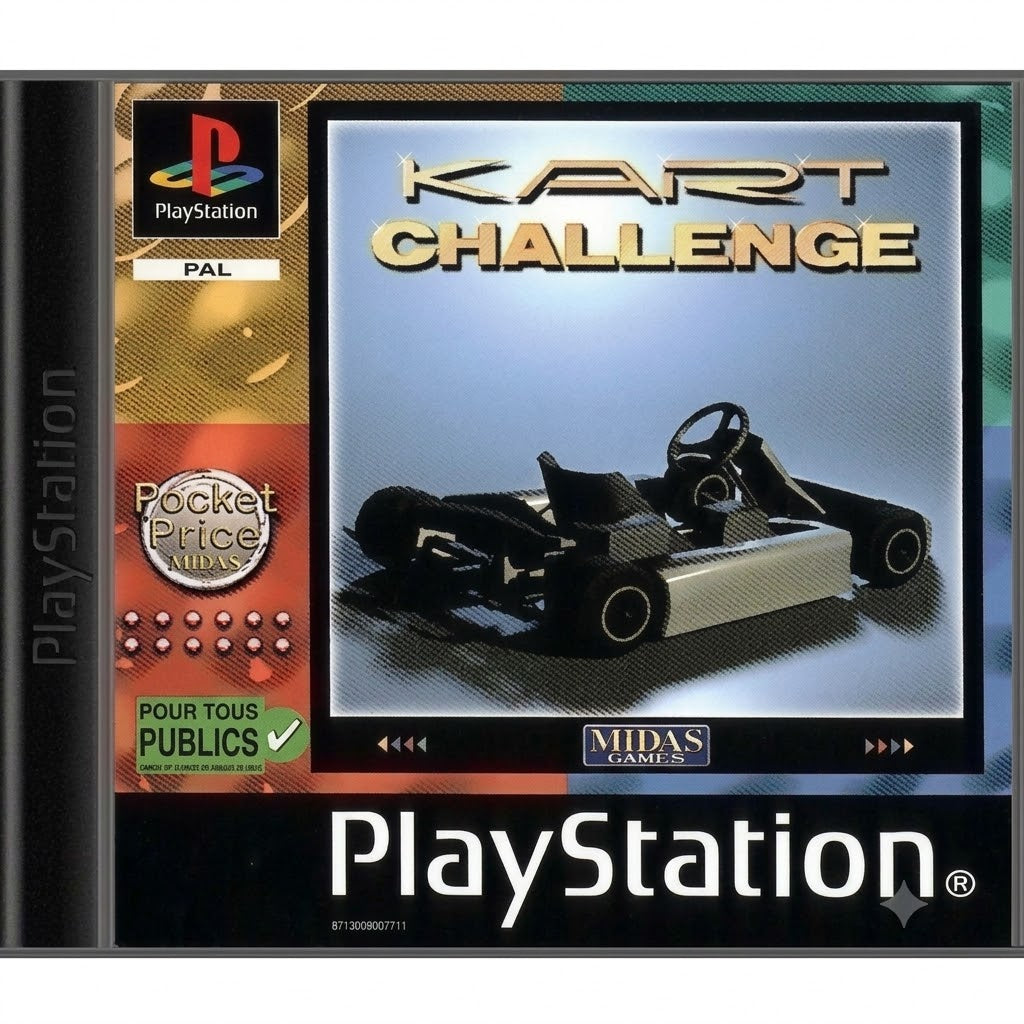 Das Cover von Kart Challenge für PlayStation zeigt ein Go-Kart vor einem blauen Hintergrund, mit dem PAL-Logo.