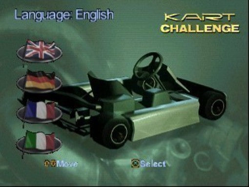 Das Sprachauswahlmenü von Kart Challenge zeigt ein Go-Kart und vier Flaggen für verschiedene Sprachen.