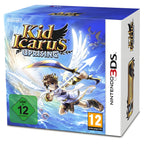 Die Vorderseite der Verpackung von Kid Icarus: Uprising + Nintendo 3DS-Ständer + 6x AR-Karten zeigt Pit mit Flügeln.