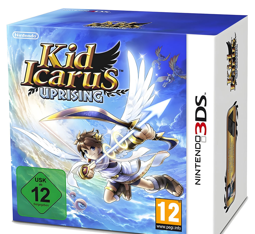 Die Vorderseite der Verpackung von Kid Icarus: Uprising + Nintendo 3DS-Ständer + 6x AR-Karten zeigt Pit mit Flügeln.