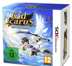 Die Vorderseite der Verpackung von Kid Icarus: Uprising + Nintendo 3DS-Ständer + 6x AR-Karten zeigt Pit mit Flügeln.