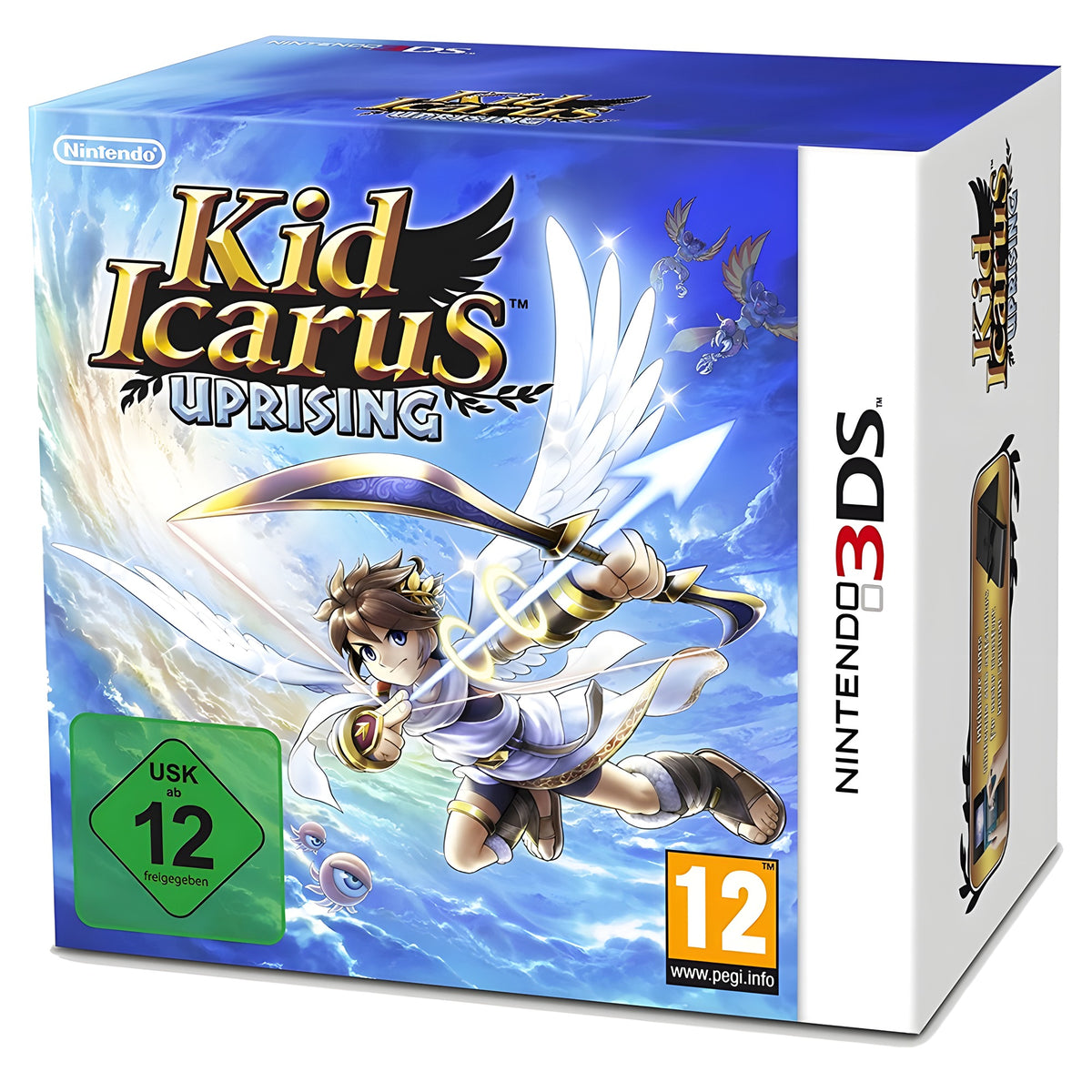 Das Cover von Kid Icarus: Uprising + Nintendo 3DS-Ständer + 6x AR-Karten zeigt Pit, USK ab 12.