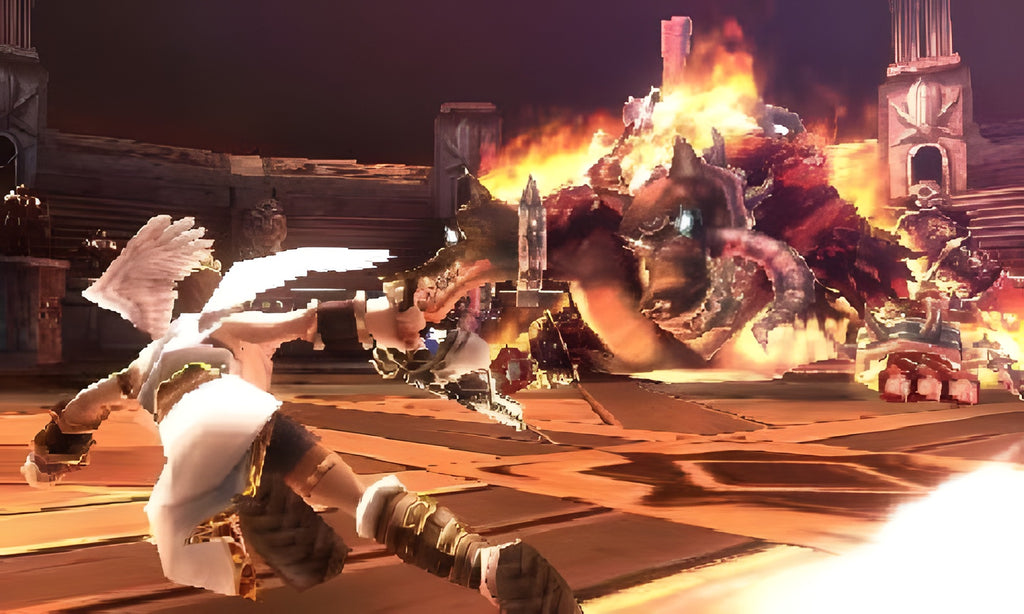 In Kid Icarus: Uprising + Nintendo 3DS-Ständer + 6x AR-Karten kämpft Pit gegen ein Feuer-Monster.
