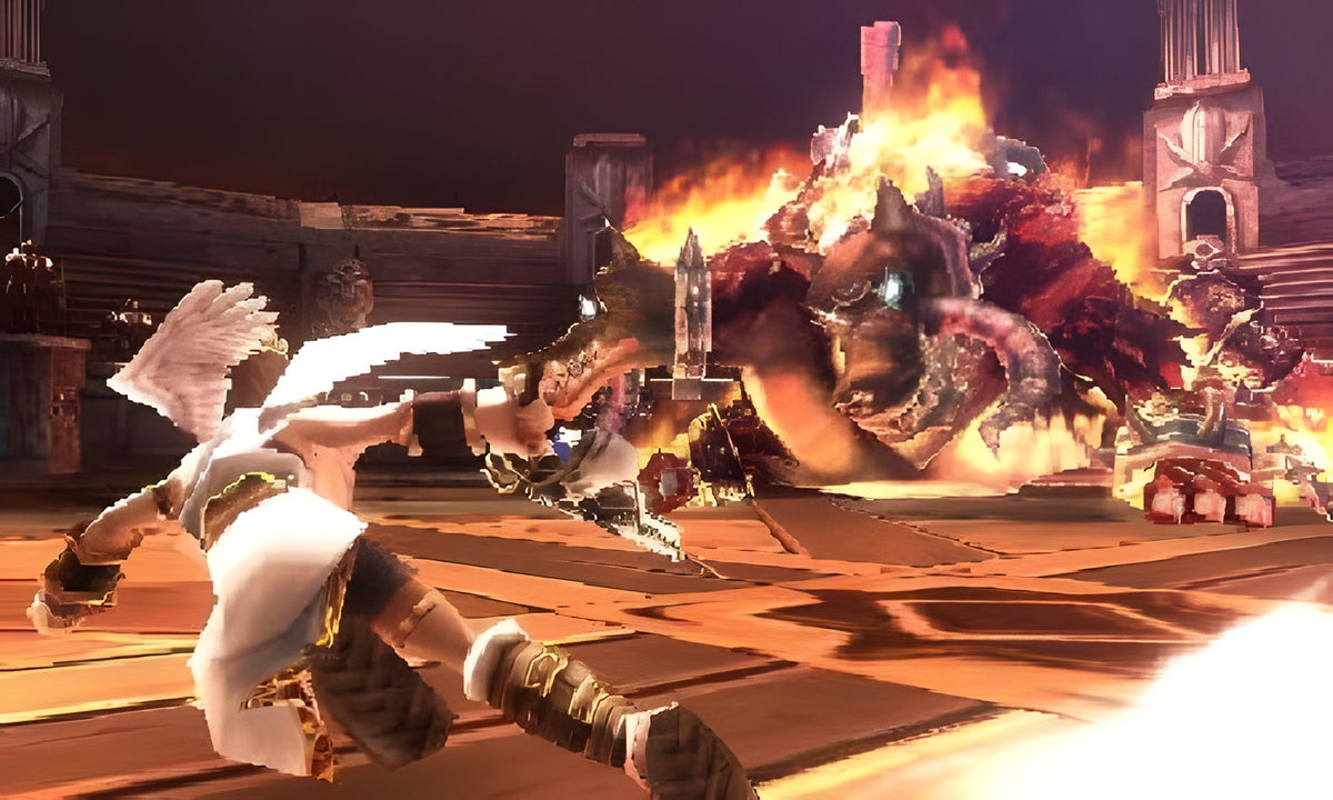 In Kid Icarus: Uprising + Nintendo 3DS-Ständer + 6x AR-Karten kämpft Pit gegen ein Feuer-Monster.