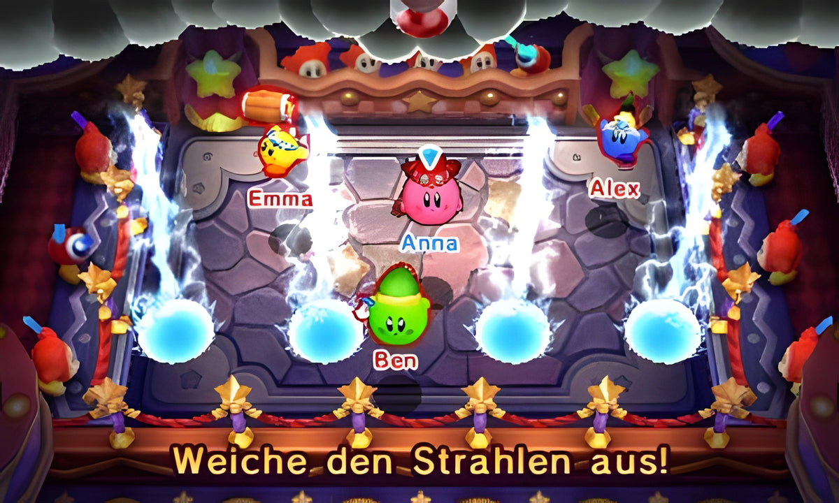 In Kirby: Battle Royale stapelt Anna Äpfel auf einem Parcours, während Ben zusieht.