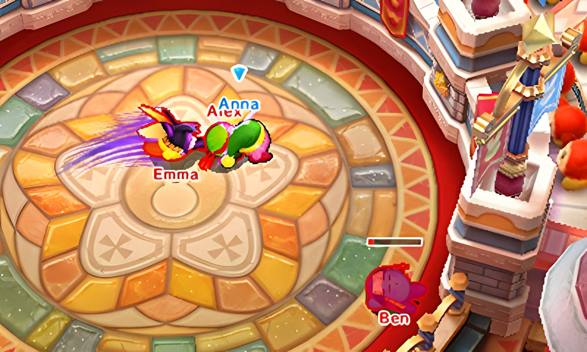 Zwei Charaktere führen in Kirby: Battle Royale eine Wirbelattacke in einer bunten Arena aus.