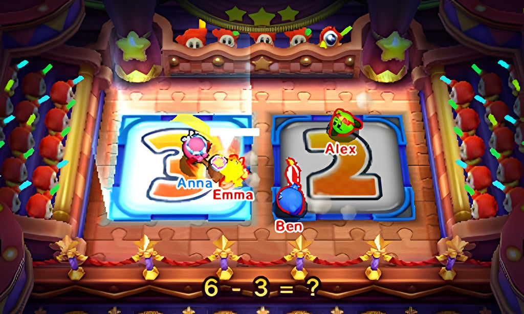 In Kirby: Battle Royale lösen vier Charaktere eine Rechenaufgabe im Multiplayer-Modus.