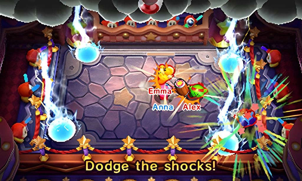 Kirby: Battle Royale zeigt vier Charaktere, die Blitzen in einer Arena ausweichen.