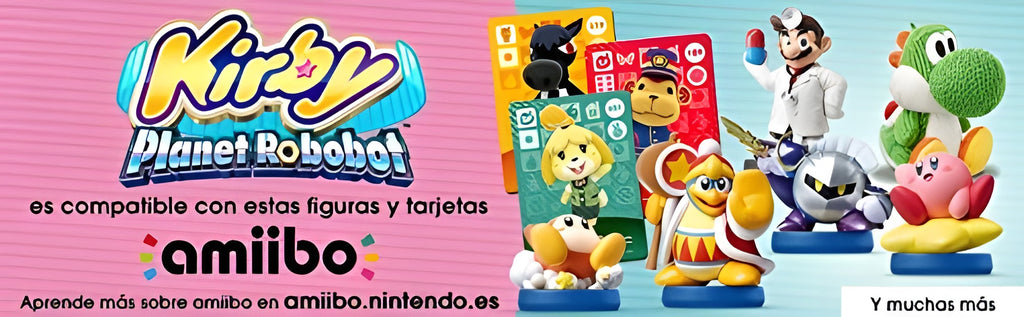 Diese Werbegrafik zu Kirby: Planet Robobot + Kirby Amiibo Figur zeigt die Kompatibilität mit Amiibo-Figuren.