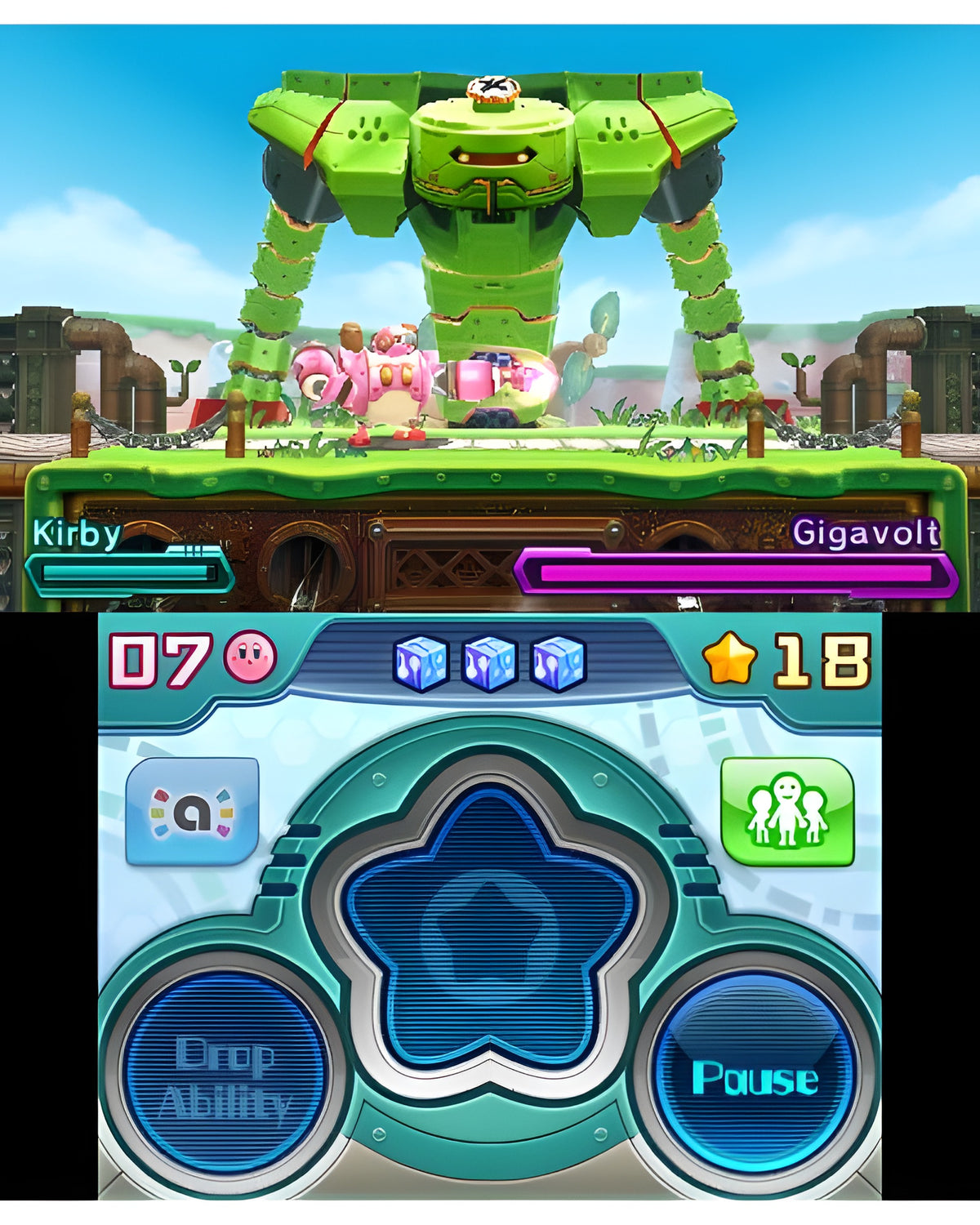 Kirby: Planet Robobot + Kirby Amiibo Figur zeigt Kirby im Kampf gegen einen riesigen grünen Roboter.