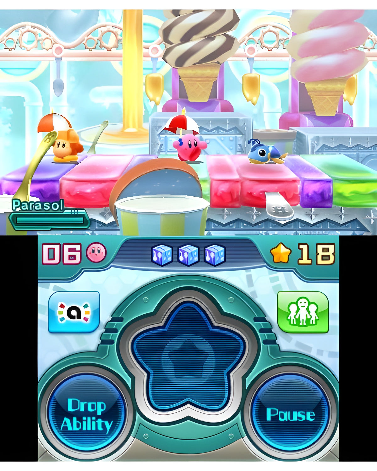 Eine Spielszene aus Kirby: Planet Robobot + Kirby Amiibo Figur zeigt Kirby in einem Eisland-Level.