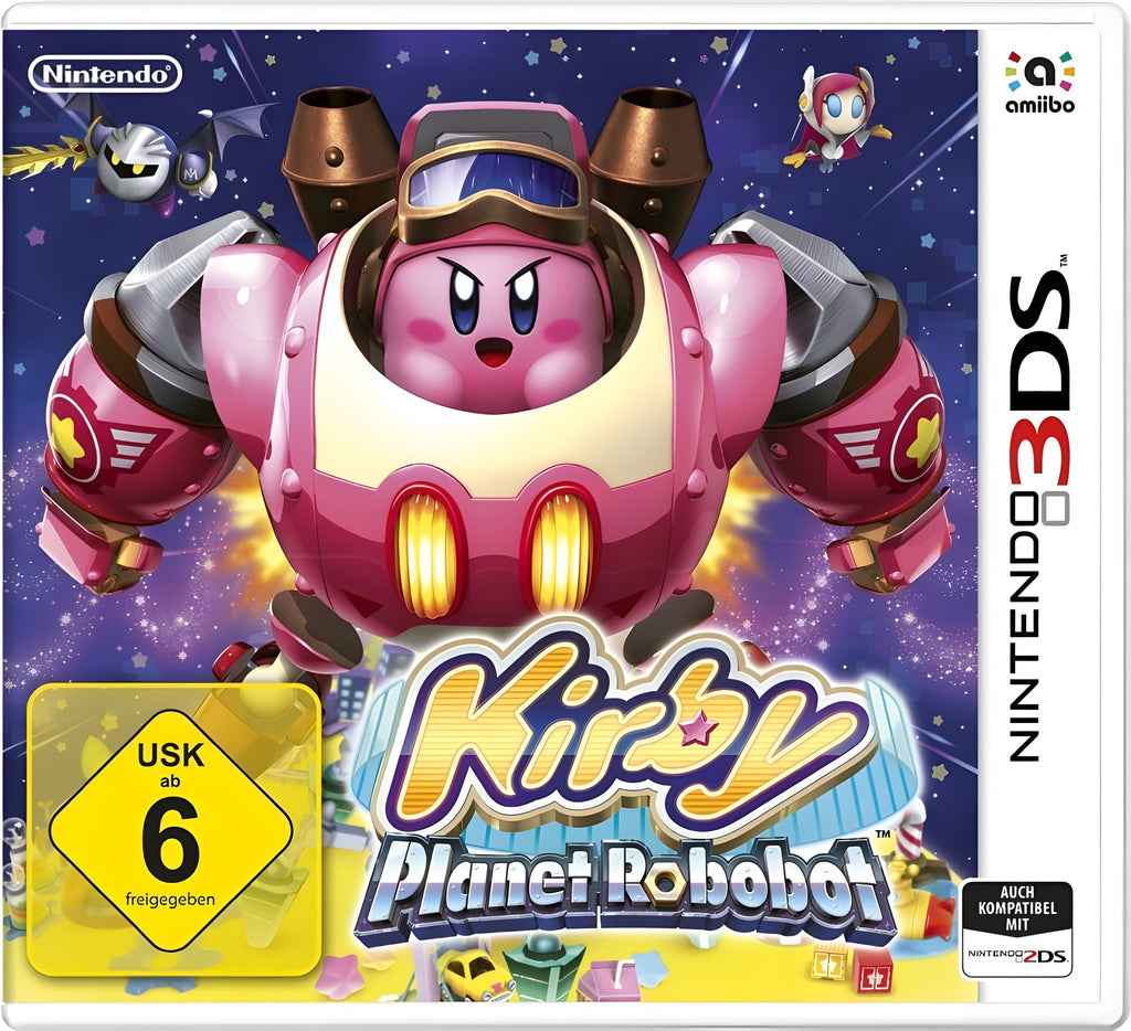 Kirby: Planet Robobot für Nintendo 3DS zeigt Kirby in einem pinken Roboteranzug, USK ab 6.