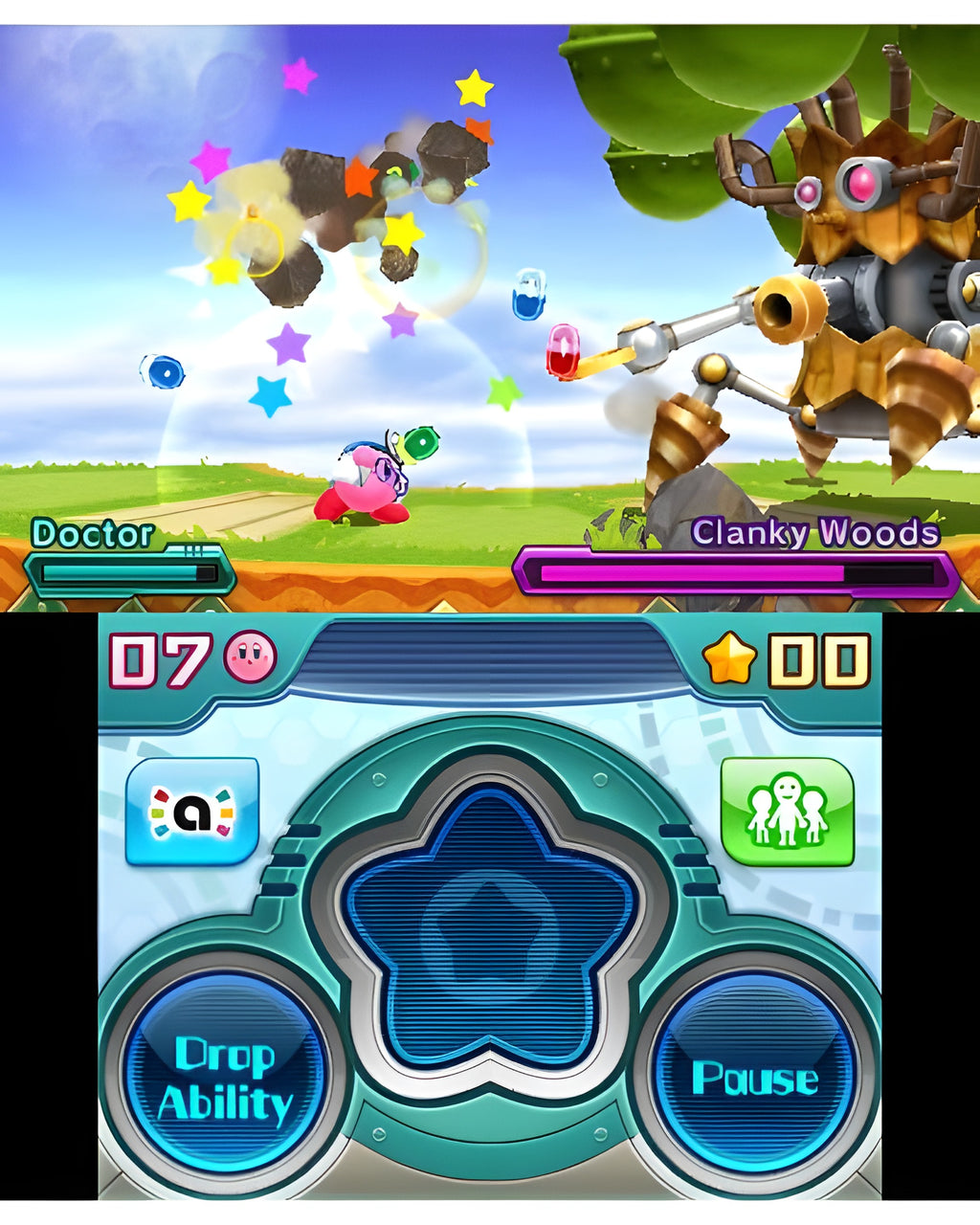 In Kirby: Planet Robobot kämpft Kirby als Doctor gegen den Boss Clanky Woods.