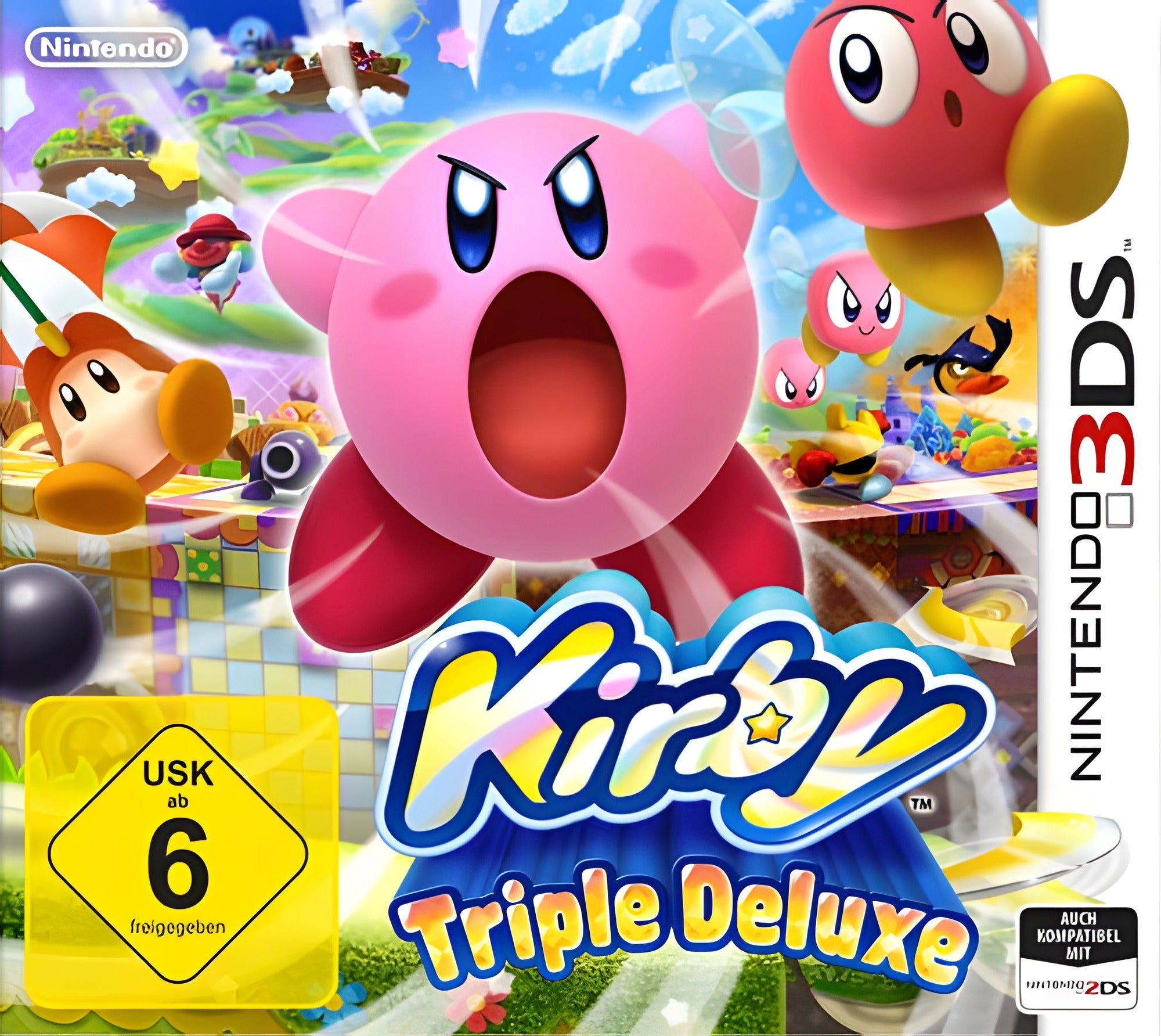 Das Cover von Kirby: Triple Deluxe für Nintendo 3DS zeigt Kirby mit offenem Mund und USK ab 6.