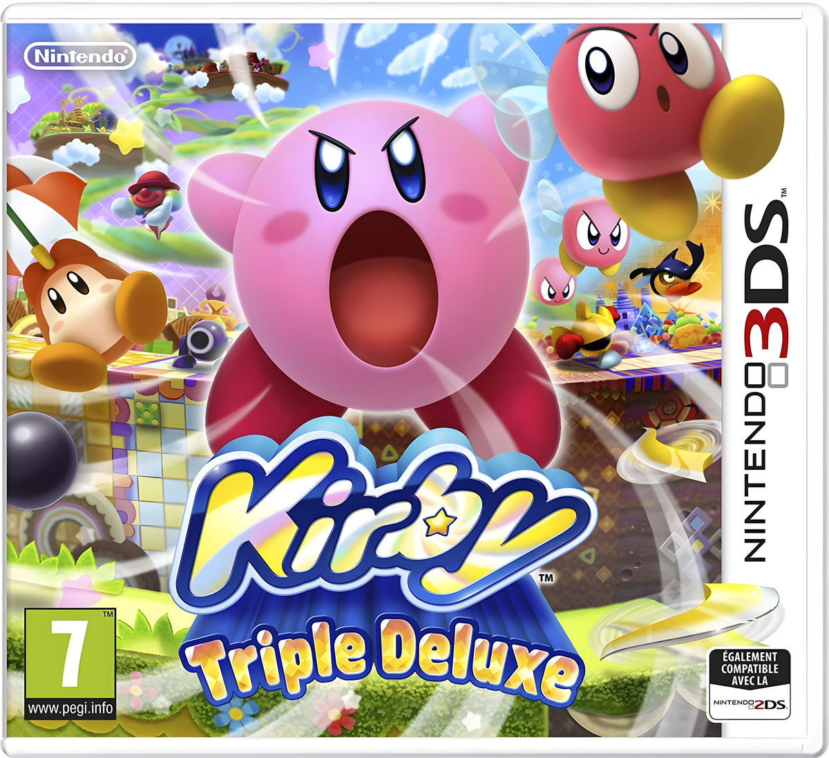 Das Cover von Kirby: Triple Deluxe für Nintendo 3DS mit PEGI 7 Siegel zeigt Kirby mit offenem Mund.