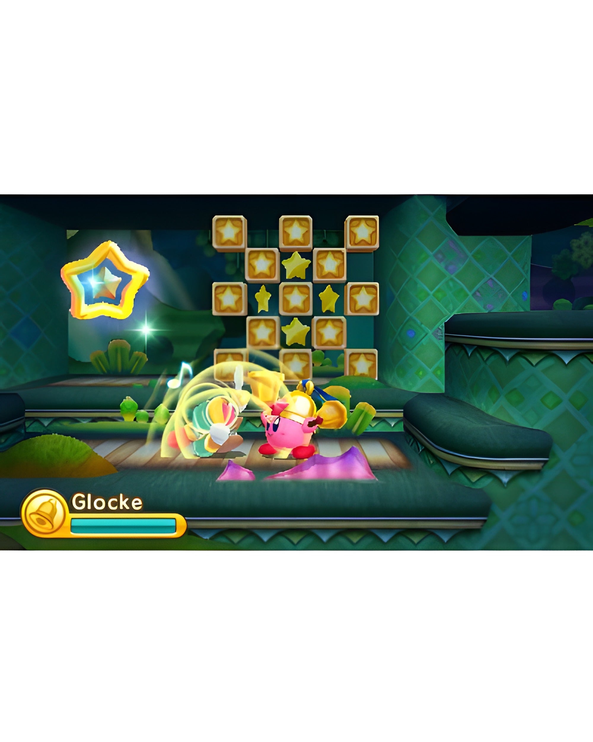 In Kirby: Triple Deluxe greift Kirby mit der Glocken-Fähigkeit einen Gegner an.