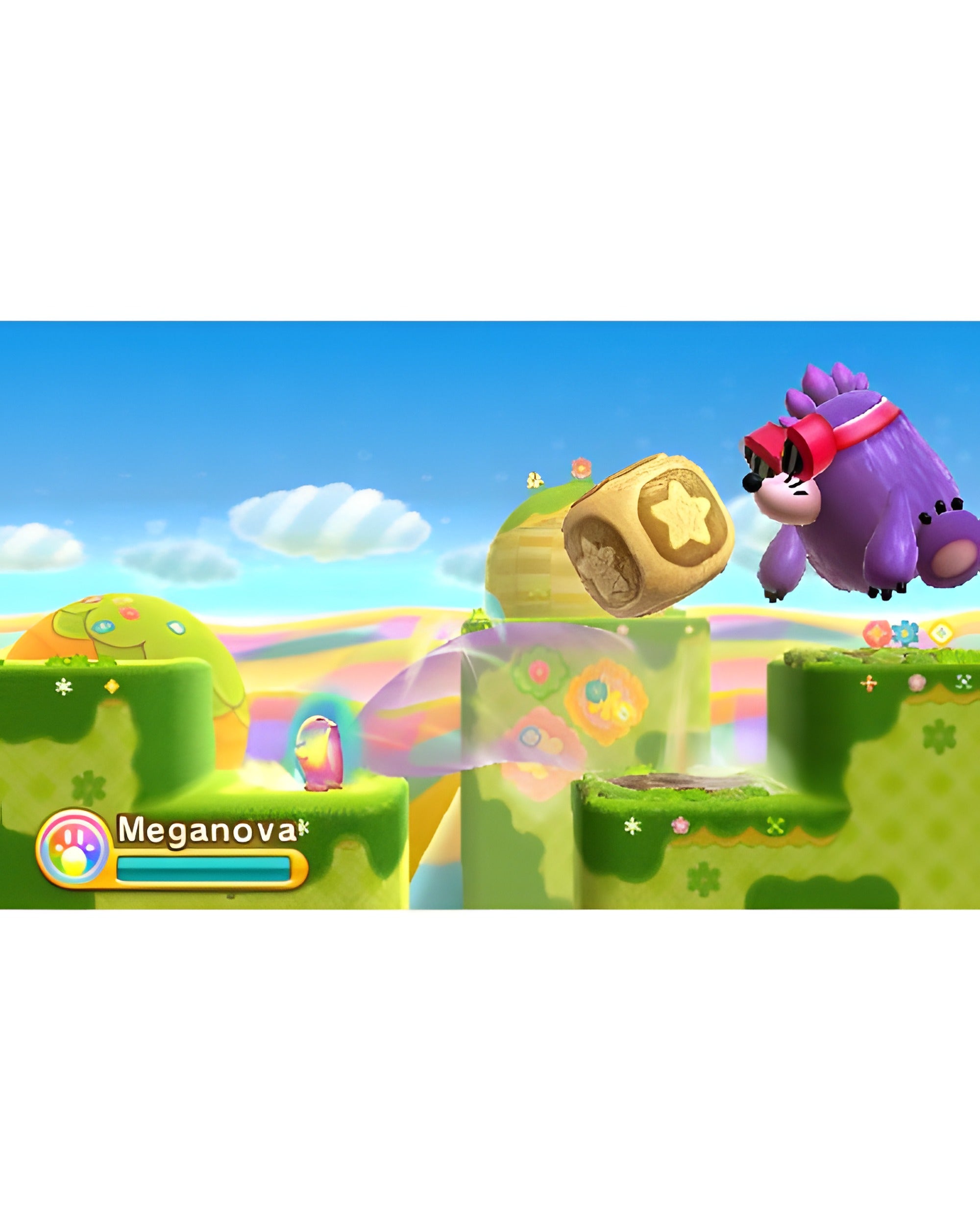 Kirby: Triple Deluxe zeigt Kirby mit der Meganova-Fähigkeit vor einem großen lila Gegner.