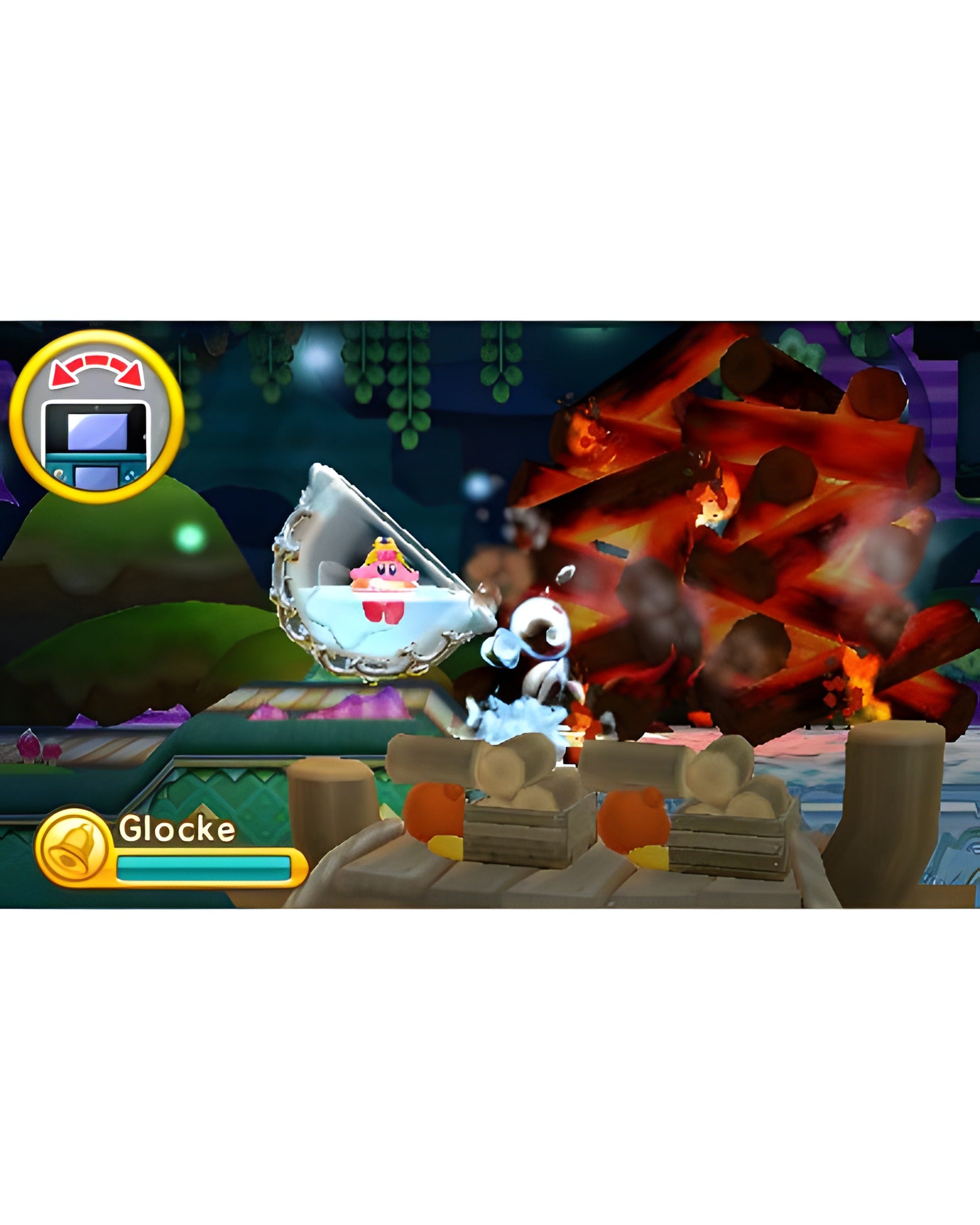 Eine Szene aus Kirby: Triple Deluxe zeigt Kirby, der mit Wasser ein großes Feuer löscht.