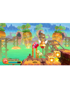 In Kirby: Triple Deluxe springt Kirby als Kämpfer über eine Holzbrücke.