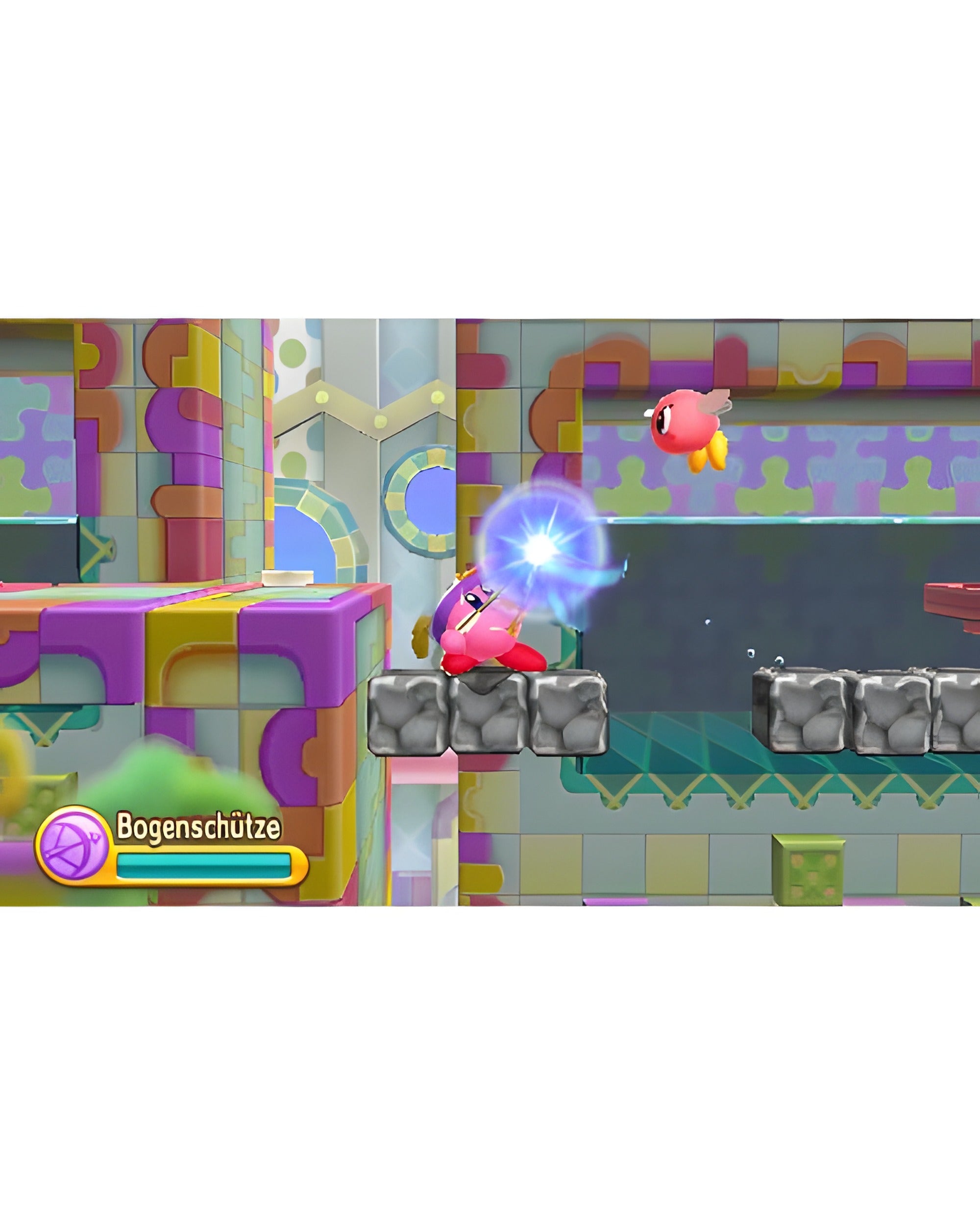 In Kirby: Triple Deluxe schießt Kirby als Bogenschütze einen Pfeil auf einen fliegenden Gegner.