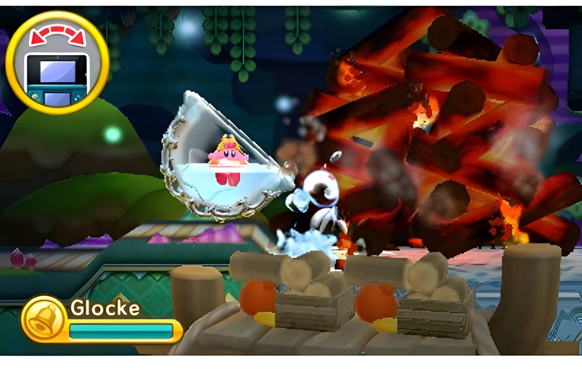 Kirby: Triple Deluxe Nintendo Selects zeigt Kirby in einem Boot vor einem brennenden Holzstapel.