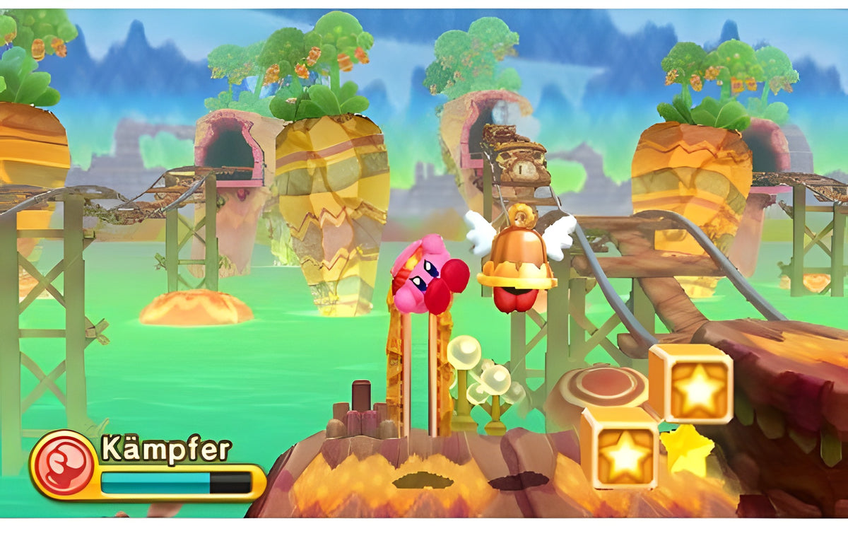In Kirby: Triple Deluxe Nintendo Selects steht Kirby auf Schienen in einer grünen Landschaft.